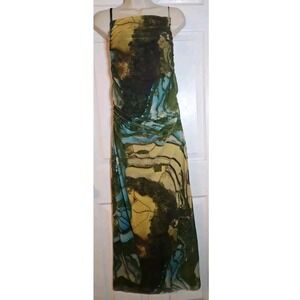 ZARA Tulle Art to wear Abstract Print Maxi Dress Backless Ruched Stretchy Size L